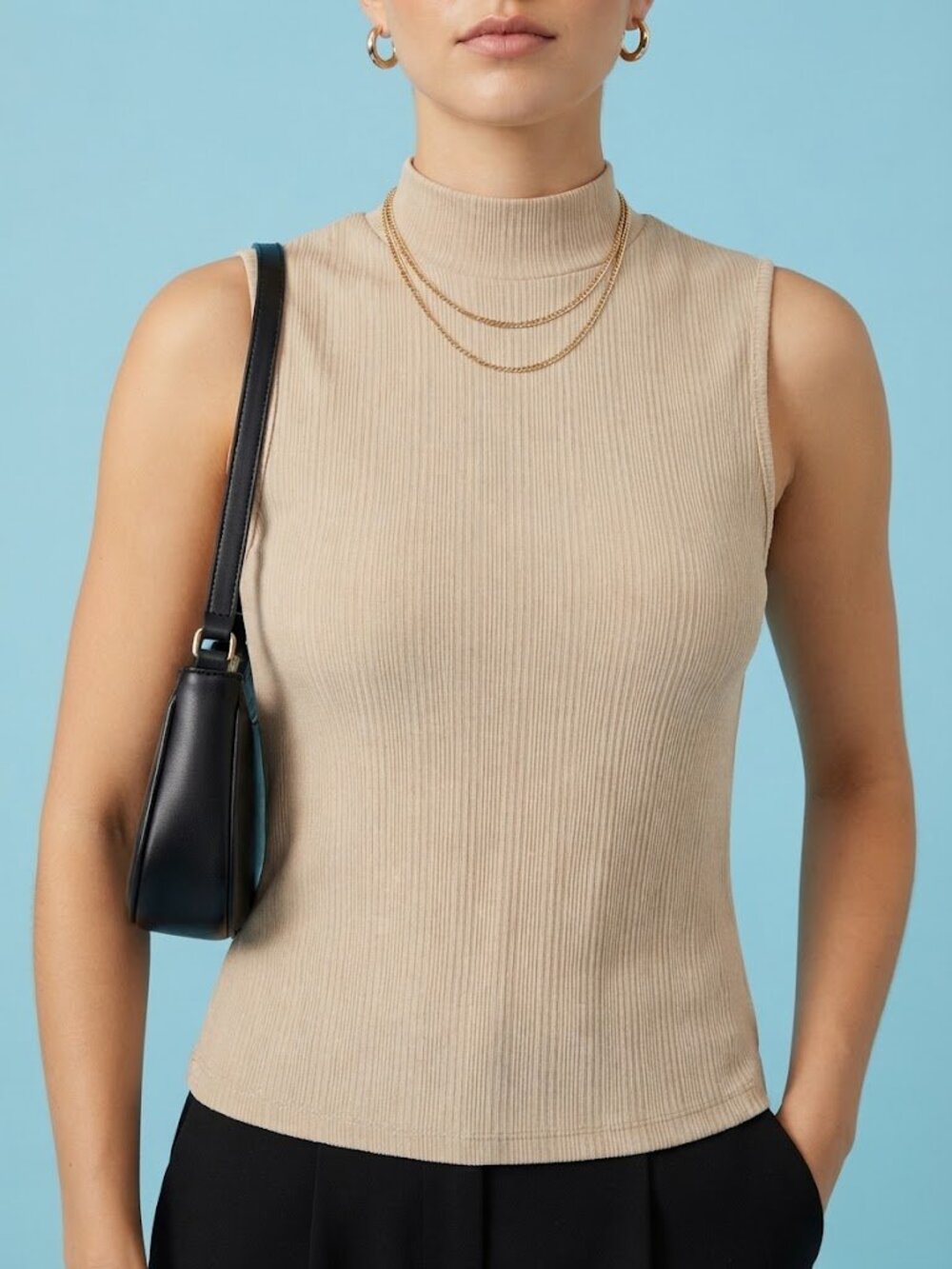 Beige Ribbed Mock Neck Tank Top